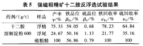 强磁粗精矿十二胺反浮选试验结果