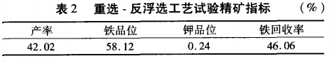 重选-反浮选工艺试验精矿指标